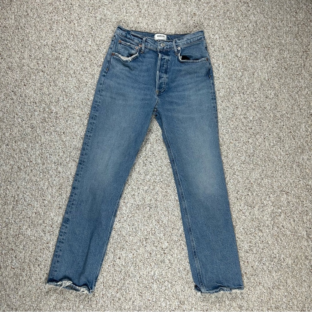 Agolde High Rise Light Wash Distressed Straight Button Fly Blue Jeans Raw Hem 27